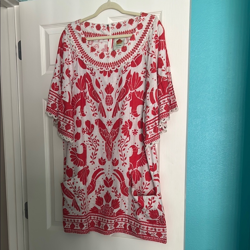 FARM Rio Red and White Patterned Midi Dress